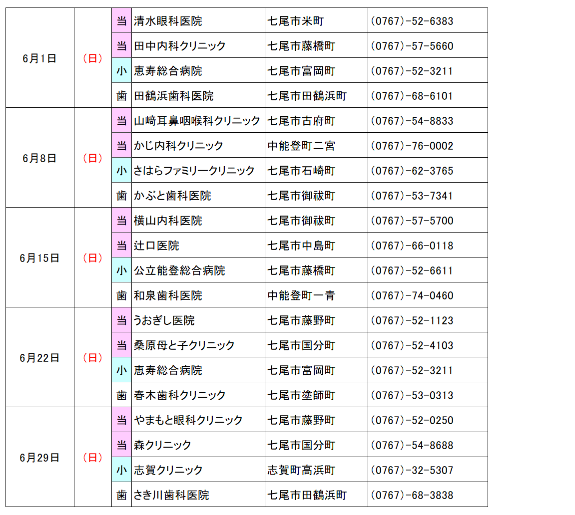 6月休日当番医