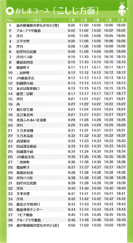 おりひめバス時刻表（かしまコース（こしじ方面））2024年3月発行版